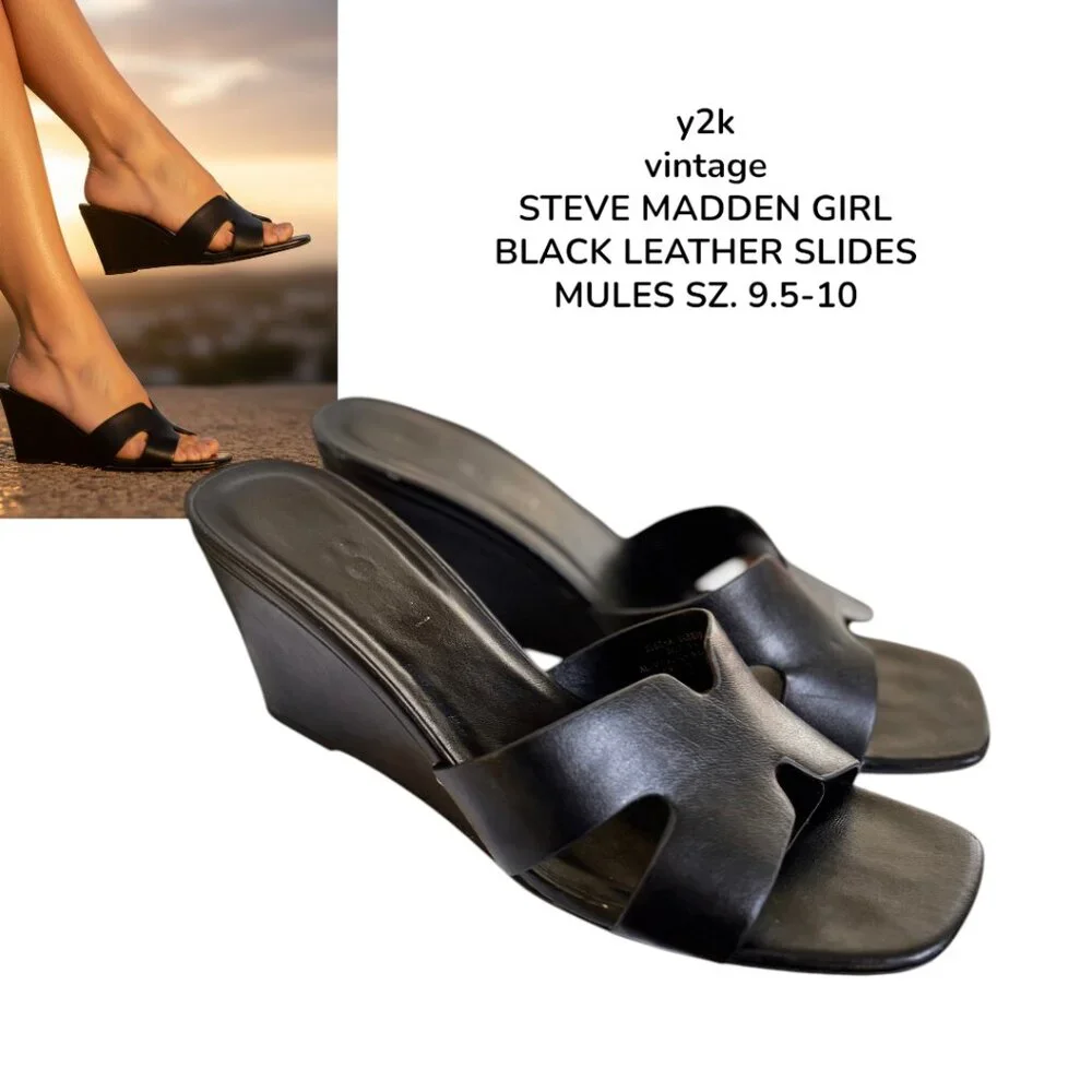 Y2K VINTAGE STEVE MADDEN GIRL‎ BLACK LEATHER MULES WEDGE SANDALS SIZE 9.5-10 EUC